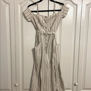 Off-The-Shoulder Belted Pinstripe Midi Dress